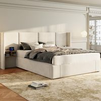Polsterbett 160 x 200 cm, hydraulisches Breitohrbett mit USB-Anschluss, mit Steckdosen, mit zwei Nachttischen mit Stauraum, Holzlattenrost, einfacher Aufbau, Samt, Beige