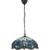 Interiors Dragonfly Blue - Luminaire suspendu moyen à 3 ampoules, bronze, bleu, verre tiffany libellule, E27