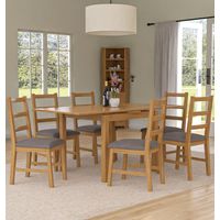 Hallowood Furniture Waverly Oak Extendable Dining Table and Chairs Set 6, Rectangular Small Kitchen Table and Chairs with Ladder Back and Grey Fabric Padded Seats for Home and Café
