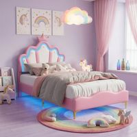 Kinderbett Polsterbett 90x200 cm,Einzelbett 90x200cm mit Höhenverstellbares Prinzessinnenkronen-Kopfteil und LED, Lattenrost, Jugendbett skandinavischer Stil, PU-Leder, Rosa