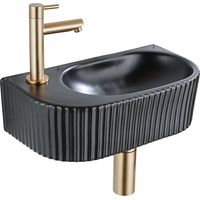 QeramiQ Fuente Ensemble de lavabo - 40x21.5x12cm - gauche - strié - demi-rond - 1 trou de robinet - céramique - robinet de lave-mains en laiton brossé