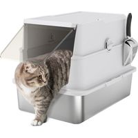 Kattenbak, roestvrij staal, extra grote binnenmaat, met schepje, lichtgrijs