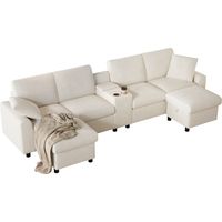 Meubles Cosy U-Shaped Corduroy Sofa with 2 Storage Ottomans, Side Table, USB & Power Charging Ports, Beige