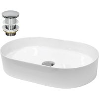 ECD Germany Lavabo da Appoggio in Ceramica Bianco Ovale 605x380x125 mm Design Moderno Lavabo Moderno d'Appoggio Ceramica Lavandino Lavamano con Set di Scarico Lavabile 1 1/4" Piletta in Ottone Cromato