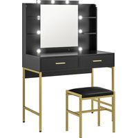 Toeletta Trucco Specchio 10 Lampadine Sgabello Imbottito 2 Cassetti 6 Ripiani Piedini Antiscivolo Nero
