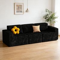 258cm Canapé Modulable Canapé D'angle Compressé Convertible Canapé-Lit Sans Ossature Velours Cotelé Mousse à Mémoire de Forme Accoudoirs Larges aux Salons Appartements Chambre Coucher Noir 3 Places