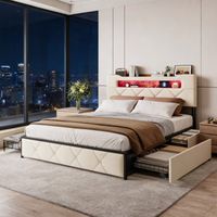 HYTKKBD - Lit Double 140x200cm,4 Tiroirs de Rangement,Lit Adulte avec Tête de lit LED,Port USB,lit avec Tiroirs,Sommier à Lattes,Velours - Beige