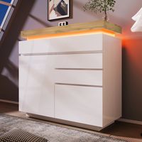 Aparador de almacenaje de aglomerado blanco brillo con 2 puertas, 3 cajones, LED y estantes ajustables 110 x 39 x 115 cm