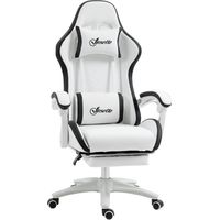 Computer Gaming Chair, PU Leather Office Desk Chair with Footrest, Swivel Wheels, 135° Reclining Back, Lumbar Support, Headrest for Home, White and Black