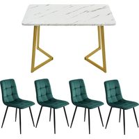 Ensemble table de salle à manger 117cm avec 4 chaises, table de salle à manger rectangulaire, ensemble de table de cuisine moderne, chaise de salle à manger en velours vert foncé, pieds de table dorés