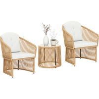 JSSEVN - Conjunto de bistró de ratán, conjunto de muebles de jardín de 3 piezas con mesa redonda de cristal, sillones y cojines, color blanco crema.