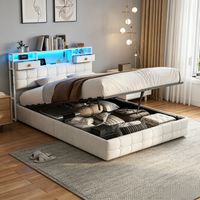 JOOKGBD–Doppelbett gepolstert 140x200 cm, Bett mit Stauraum, LED, USB-Anschluss, Kopfteil mit Stauraum, Jugendbett, weicher Stoff, beige