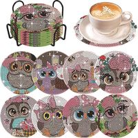 8 Pcs Diamond Painted Coasters With Storage Box, Diy Diamond Owl, Coasters, Vase Coasters