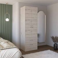 Armario Lisboa en melamina con 2 puertas , 1 estante , 1 barra para colgar ropa y 2 cajones con rieles metalicos , gris , 179 cm X 59.2 cm X 48 cm