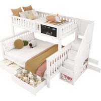 Etagenbett Massivholz/MDF Weiß 90x200/140x200 cm mit Treppe, Tafel, Schubladen und Lattenrost