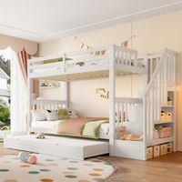 Lit superposé de 90 à 200 cm,étagère d’escalier,équipé d’un lit roulotte escamotable,rampes hautes,certifié EN747-1,blanc