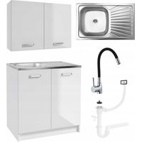 Ensemble de meubles de cuisine avec évier - 80 cm - Blanc brillant - Robinet de cuisine flexible - Ensemble évier
