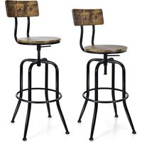 Costway – Lot de 2 tabourets de bar industriels – Hauteur réglable 69-76 cm – Dossier amovible – Pivotant 360° – Cadre en métal pour pub/bistrot