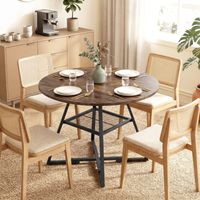 Table à manger ronde pour 4 personnes, Ø 100 x 76 cm, table de cuisine avec large plateau et étagère, brun rustique