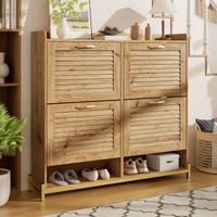 Mueble Zapatero H 100 cm Rústico, 4 Puertas de Listones de Madera, Patas Metal, Estante, 20 Pares