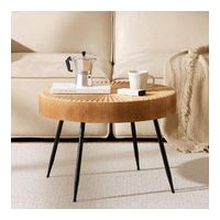 Table d'appoint ronde en bois à motif de cercle annulaire, ø60×42 cm, pieds en métal noir, couleur marron clair pour salon