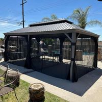 Purple Leaf Pergola de Jardin Aluminium Hardtop Gazebo avec LED – Tonnelle Extérieure avec Rideaux et Moustiquaires, Pavillon à Double Toit en Acier Galvanisé – 6 × 3,65 m – Gris Clair