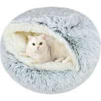 1 Lit Rond Chat Grotte Peluche Antidérapant Coussin Donut Lavable Salon Chambre 50 cm Gris