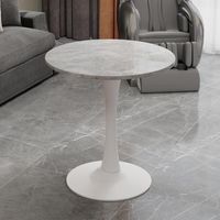 27.6-inch white coffee table, mid-century modern style dining table, suitable for 2-4 people, featuring a round marble tabletop with a light gray veined finish, perfect for various settings.