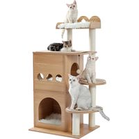 Pawz Road – Arbre à chat en bois 120 cm – Grand condo avec 2 niches et plateforme – Poteau à griffer en sisal – Pour 3 chats
