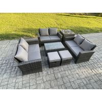 Fimous 7pc Rattan Sofa Gartenmöbel Set Balkonmöbel mit Beistelltische 2 Kleiner Fußhocker Doppelsitz-Sofa Dunkelgrau Gemischt
