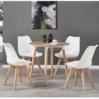 Ensemble de salle à manger rond Halo Lorenzo - une table à manger en bois de chêne et un ensemble de 4 chaises de salle à manger en polypropylène blanc - Salle à manger et cuisine