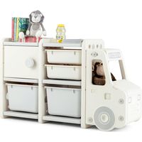 Costway – Meuble de rangement jouets pour enfant en forme de camion – Etagère HDPE avec 2 bacs, 2 tiroirs, 1 placard – Dimensions 110 x 32 x 66 cm – Beige
