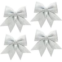 Sparkly Christmas Bow Ornaments 4 Pcs, Tree Decorations in Bow Shape for Christmas Tree - Silver (12 x 15 cm)