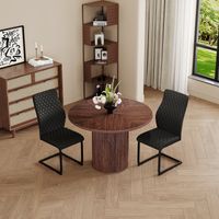 Ensemble table ronde 100 cm en MDF noyer + 2 chaises noires motif losange, dossier haut, pieds cylindriques, fixation Velcro – salle à manger