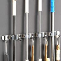 Soporte para escobas de pared, soporte para escobas de acero inoxidable, soporte de almacenamiento para cocina, garaje, cuarto de lavado (4 ranuras y 5 ganchos)