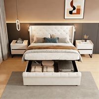 Lit coffre double 140x190 avec rangement, Lit adulte avec 2 lampes de lecture et chargement USB, Sommier à lattes, Tissu en velours, Beige
