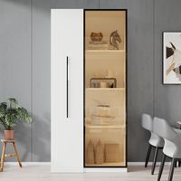 Meuble multifonction – bibliothèque et vitrine avec portes en verre trempé, cadre de porte en aluminium, 1 porte, 1 tiroir latéral, sur roulettes et avec éclairage LED – vitrine, meuble de salle à man