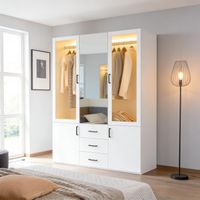 FOERPL-Armoire blanche avec LED et Miroir, Armoire Chambre Adulte avec 2 portes en verre et 3 Tiroirs, Armoires Multifonctionnelle avec Tringle à Vêtements Meuble de Rangement Vêtements