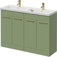 Napoli 390 Olive Green 1200mm 4 Door Vanity Unit with Double Lucia Basins - 1200mm - Brushed Brass 160mm Handle