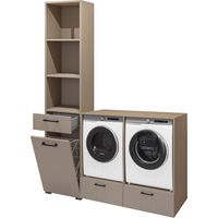 Meublorama – Ensemble meuble de rangement pour machine à laver et sèche-linge – Taupe et chêne – Meuble haut 197 cm avec tiroirs – Meuble bas 132 cm