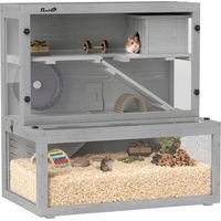 PawHut 3 Tier Wooden Hamster Cage with Hut, Wheel, Ramps, 80 x 50 x 84 cm
