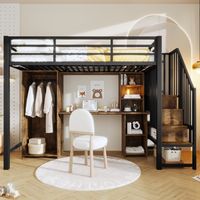 Letto a soppalco 90x200 cm con contenitore, armadio e scrivania, scaletta portaoggetti, robusta struttura in metallo nero.