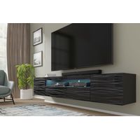 TV-Schrank Aura Schwarz Sahara 200x37x42 cm, Hängend oder Stehen,Universal Fernsehschrank, Lowboard mit Stauraum, Kabelöffnung, Wohnzimmer Schwarz Sahara mit Blauer LED-Beleuchtung