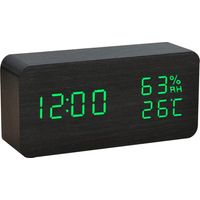 Réveil de table en bois, réveil numérique LED avec date/température/fonctionnement USB/piles, horloge électronique créative (bois noir, caractères verts)