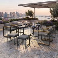 Ensemble de table de jardin et chaises de 7 pièces pour 6 personnes, table en verre trempé, accoudoirs en plastique et bois, idéal pour les repas dans le jardin ou sur la terrasse