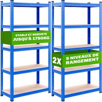 Pack de 2 étagères charge lourde MONZANA - Métallique - 180 x 90 x 40 cm - Bleu - Charge max. 875 kg - 5 Panneaux MDF - Étagère de Rangement stockage Cave