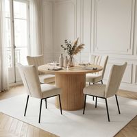 HIPIHOM Table de Salle à Manger Ronde avec Socle Cannelé et Rangement, Table de Cuisine en Bois 110 cm avec Porte à Tambour Invisible et étagères, Capacité de 150 kg, Encombrante(4 Chaises, Blanc)
