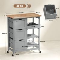 Küchenwagen mit Rollen, 3 Schubladen, 2 offenen Ablagen und herausnehmbarem Tablett, 67 x 37 x 85,5 cm, Grau