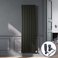 ELEGANT Designer Black Double Panel Vertical Radiator 1800 x 544mm with Anthracite Angled Thermostatic Radiator Valves