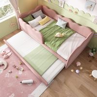 Cama Nido 90×190 cm, Cama Individual con Cama Extraíble, Barandilla Desmontable y Respaldo Acolchado, sin Colchón, Terciopelo, Rosa